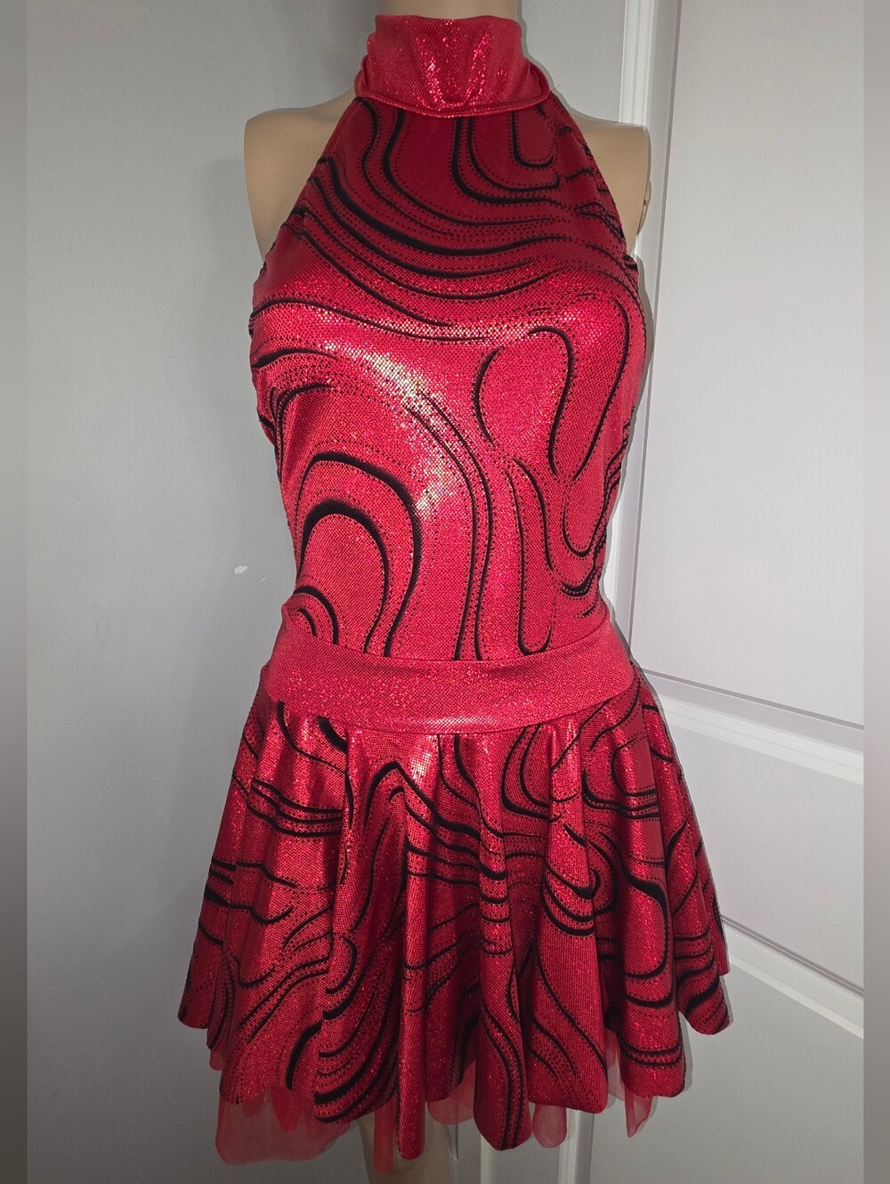 Kellé Red & Black Swirl Halter Dance Costume Dress - Size Teen K4T3 Halloween